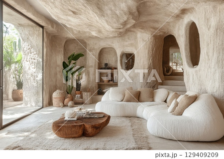 A living room with a large white couch and a coffee table 129409209