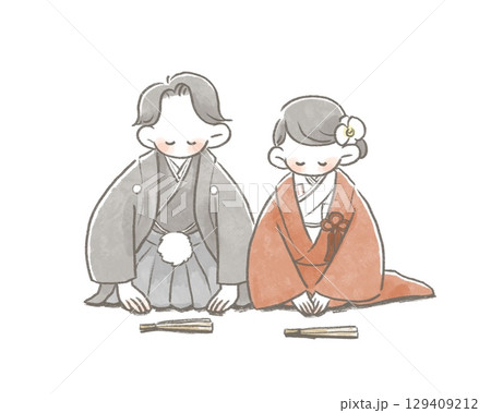 手描きのほんわか結婚式イラスト(和装) 手描きのほんわか結婚式イラスト(和装) 129409212