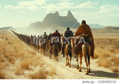 A group of men riding camels in a desert 129409218