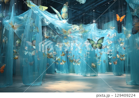 A room with a blue curtain and butterflies hanging from it 129409224
