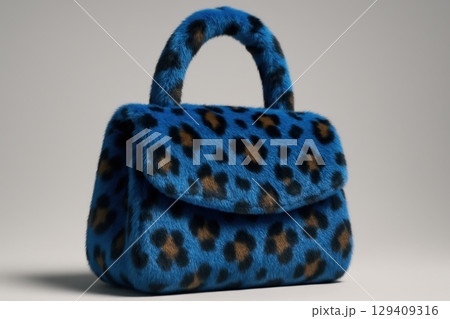 Stylish blue leopard print faux fur handbag with black and brown spots, a fashion accessory 129409316