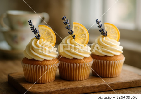 Three gourmet lemon lavender cupcakes with creamy frosting and fresh garnishes on wood 129409368