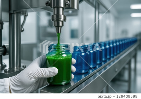 Automated production line filling green liquid into blue jars in a sterile facility 129409399