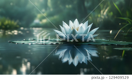 Water Lily Floating on a Pond with Reflection Water Lily Floating on a Pond with Reflection 129409529