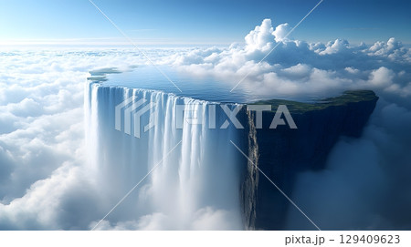 Breathtaking Waterfall on Mountain Plateau Emerging from Clouds 129409623