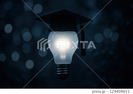 Glowing light bulb with graduation cap symbolizing education, knowledge, and bright ideas 129409651