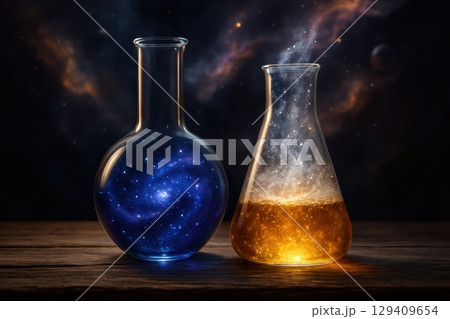 Two laboratory flasks with swirling galaxy and glowing magic liquid on wooden table 129409654
