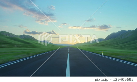 Perspective highway road, mountain view and sky backlight sunset travel journey 129409693