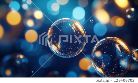 Shop bubble flying blue gradient transparent fluorescent blurred background 129409702