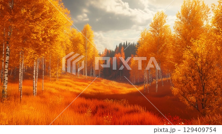 Autumn forest yellow tree and grass on hill nature environmental 129409754