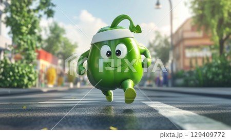 Mascot green bell pepper character wearing sweatband happy running sport in blurred city road 129409772