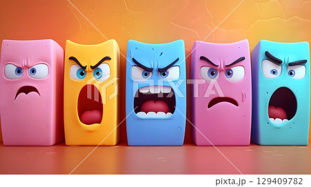 Cartoon Characters with Angry Expressions in 3D Render 129409782