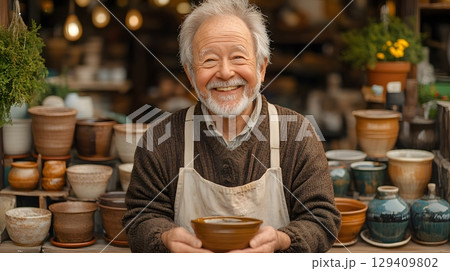 Happy Potter Smiling in his Pottery Workshop 129409802