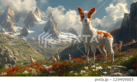 Adorable Llama Herd Grazing in Mountain Meadow 129409803