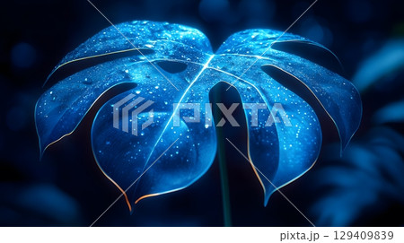 Monstera Leaf in Blue with Water Droplets 129409839