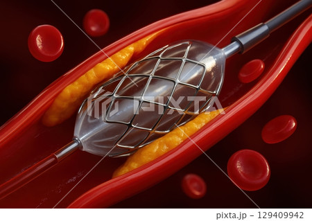 Balloon catheter expanding a stent in a narrowed artery with plaque buildup 129409942