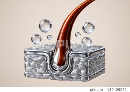 Detailed cross section of hair follicle with brown strand and hydrating bubbles Detailed cross section of hair follicle with brown strand and hydrating bubbles 129409952
