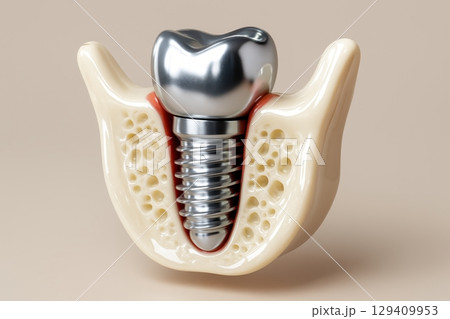 Dental implant with metallic crown in cross section of human jawbone anatomy Dental implant with metallic crown in cross section of human jawbone anatomy 129409953