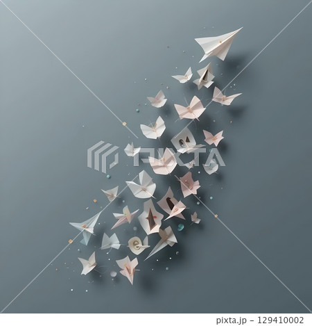 Paper Airplanes and Origami Butterflies Flying Upward 129410002