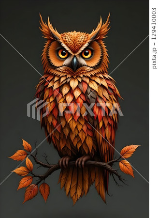 Majestic Owl with Autumn Leaf Feathers on a Branch 129410003