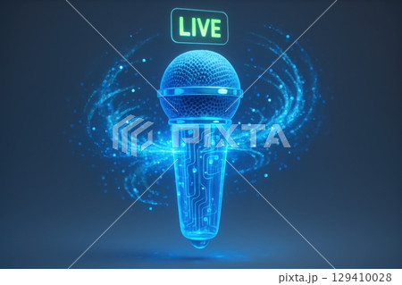 Translucent glowing microphone with circuit patterns and live streaming icon 129410028
