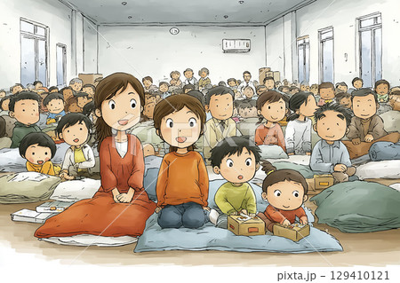 避難所になった教室に集まった人々のイラスト素材 避難所になった教室に集まった人々のイラスト素材 129410121