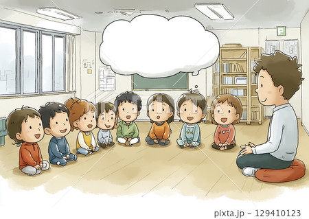 地震に関して話し合いをする子供たちと見守る先生のイラスト素材 129410123