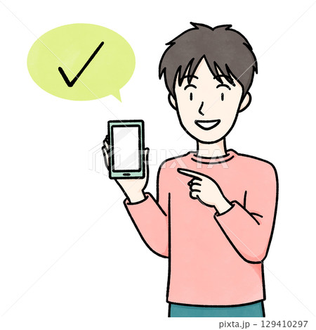 スマホでキャッシュレス決済をする若い男性のカラーイラスト スマホでキャッシュレス決済をする若い男性のカラーイラスト 129410297