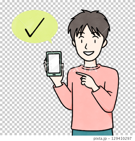 Color illustration of a young man making a cashless payment with a smartphone 129410297