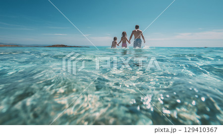 海で遊ぶ笑顔の家族 129410367