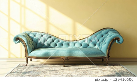 elegant teal velvet chaise lounge in sunny room 129410506
