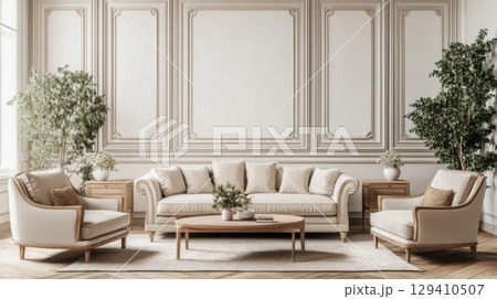 elegant living room interior design with beige sofa and armchair 129410507
