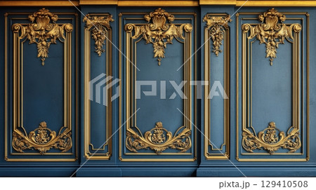 elegant blue and gold wall paneling 129410508