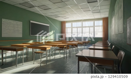 empty classroom sunlight streaming through windows 129410509