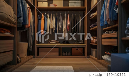 modern walk-in closet design with ample storage modern walk-in closet design with ample storage 129410521