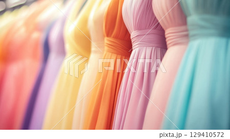 pastel bridesmaid dresses hanging in a row 129410572