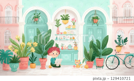 Young woman working on laptop in cozy cafe with vibrant interior and stylish decor 129410721