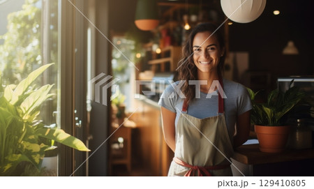 smiling female small business owner in coffee shop 129410805