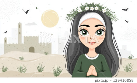 Cute Illustrated Character with Green Eyes and Floral Crown in Desert Landscape Background 129410859
