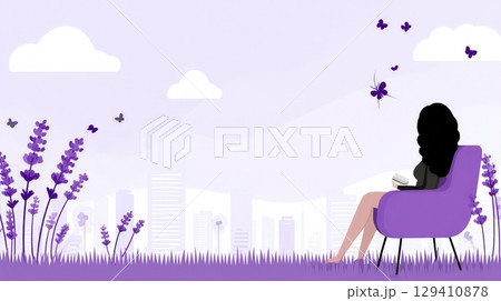 Serene Woman Relaxing in Modern Chair Surrounded by Flowers and Butterflies in Urban Setting Serene Woman Relaxing in Modern Chair Surrounded by Flowers and Butterflies in Urban Setting 129410878