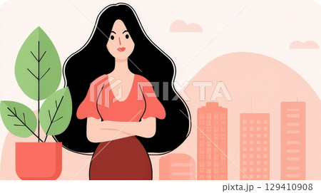 Confident Woman with Long Hair Standing Near Potted Plant and Cityscape in Soft Color Palette 129410908