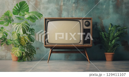 vintage television set with tropical plants in retro room 129411107