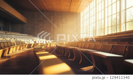 sunlit auditorium empty lecture hall modern classroom 129411340