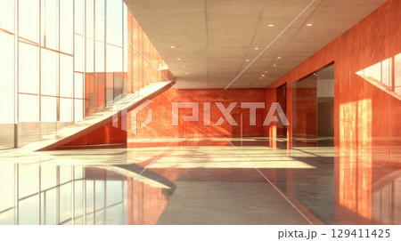 modern architectural interior design with orange walls and glass 129411425