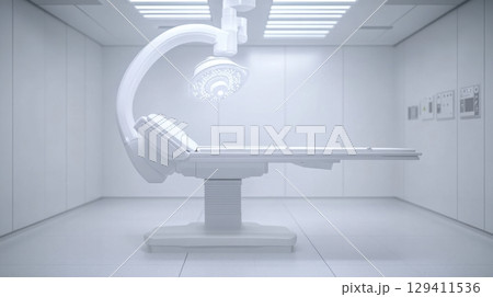 sterile white medical operating room with c-arm and table 129411536