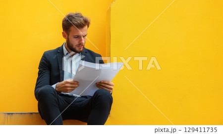 businessman reviewing documents against yellow wall 129411735
