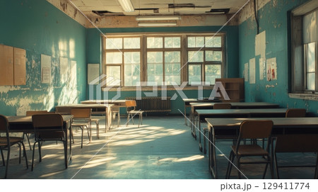 abandoned classroom sunlit desks chairs vintage school 129411774