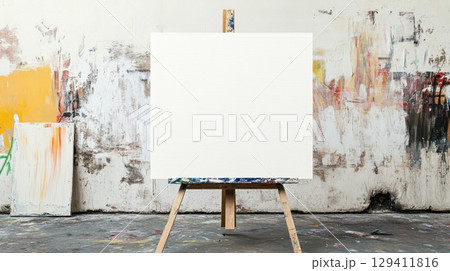 blank canvas on easel in artist studio 129411816