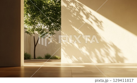 serene minimalist courtyard with sunlight and shadow 129411817