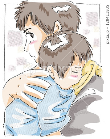 赤ちゃんを肩でトントンするパパさん　色付 129411935